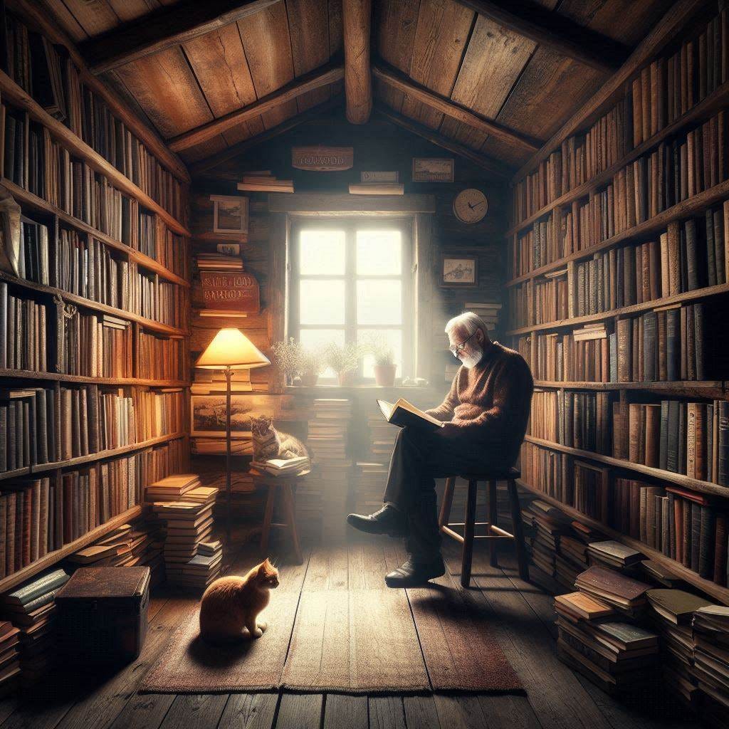 A rustic room in a small cabin, the walls are filled floor to ceiling with books about nature, about God, about civilization. A single elderly man sits reading in the light of  small floor lamp, his cat in his lap, contented. 