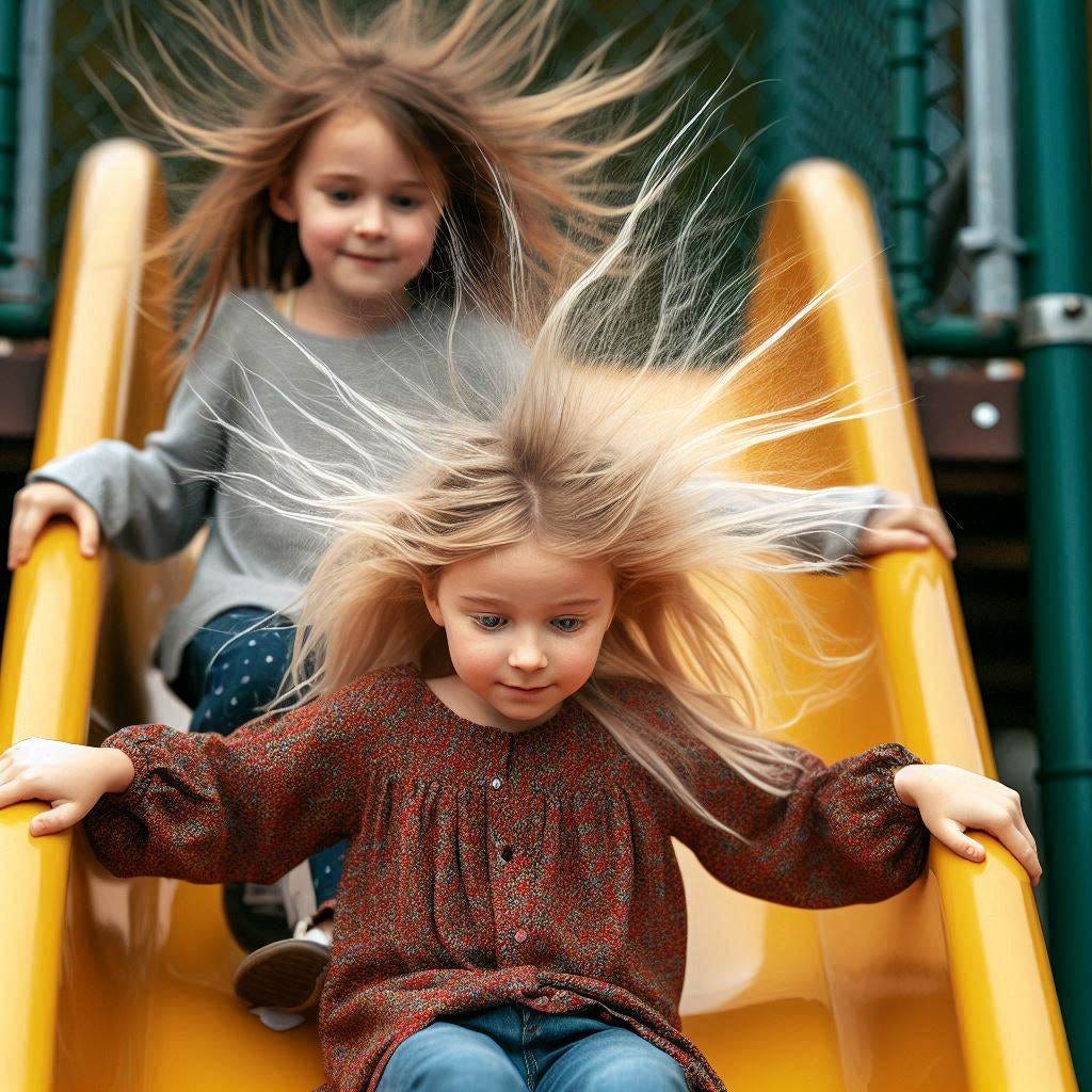 a second grade tow-head girl and a blonde girl going down the slide with their hair sticking up from static electricity