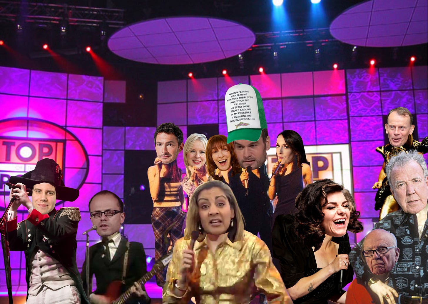 A Top of the Pops studio filled with columnist: Tim Stanley, Allister Heath, Giles Coren, Allison Pearson, Sonya Sodha, Zoe Williams, Brendan O'Neill, Camilla Tominey, Caitlin Moran, Rupert Murdoch, Jeremy Clarkson, Andrew Marr A Top of the Pops studio filled with columnist: Tim Stanley, Allister Heath, Giles Coren, Allison Pearson, Sonya Sodha, Zoe Williams, Brendan O'Neill, Camilla Tominey, Caitlin Moran, Rupert Murdoch, Jeremy Clarkson, Andrew Marr