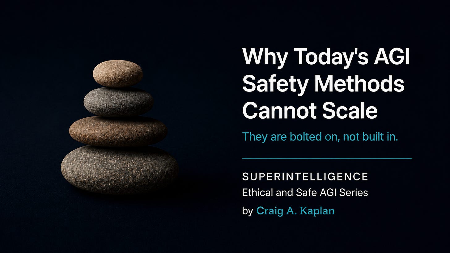 A balanced stack of four smooth river stones sits on a dark navy background, symbolizing fragile precision and engineered stability. On the right, large white text reads: “Why Today’s AGI Safety Methods Cannot Scale.” Below it, teal text reads: “They are bolted on, not built in.” A thin teal line separates the title area from the series information: “SUPERINTELLIGENCE,” “Ethical and Safe AGI Series,” and “by Craig A. Kaplan.”
