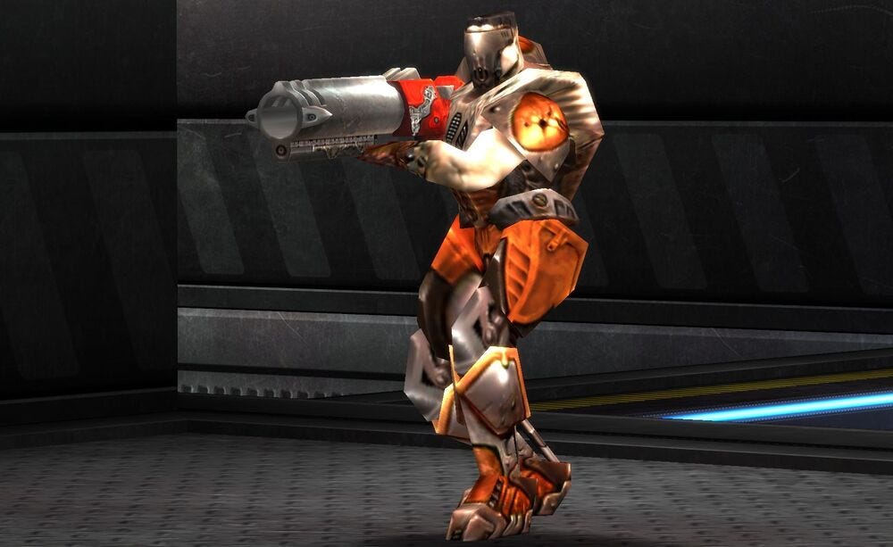 A late 90s 3d model of a cybernetic man holding a rocket launcher