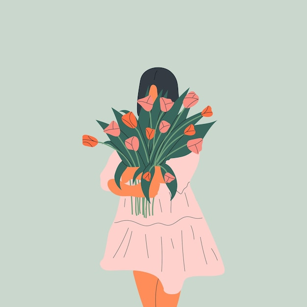 Uma mulher está segurando um buquê de tulipas. Conceito de feminilidade,  feminismo, prosperidade e amor próprio. | Vetor Premium