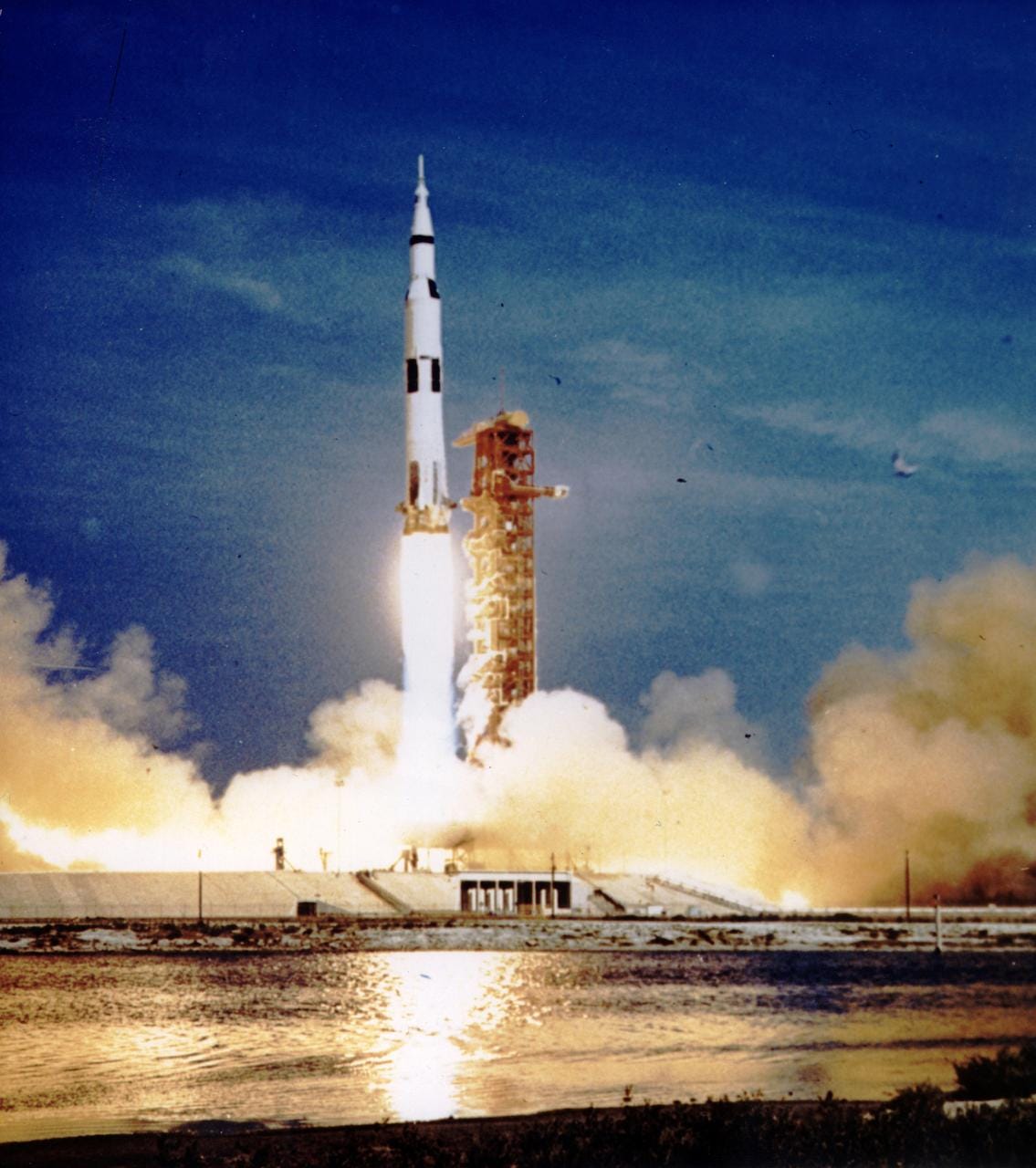 The Apollo 11 mission, the first manned lunar mission, launched from the Kennedy Space Center, Florida via the Marshall Space Flight Center (MSFC) developed Saturn V launch vehicle on July 16, 1969 and safely returned to Earth on July 24, 1969. The Saturn V vehicle produced a holocaust of flames as it rose from its pad at Launch complex 39. The 363 foot tall, 6,400,000 pound rocket hurled the spacecraft into Earth parking orbit and then placed it on the trajectory to the moon for man’s first lunar landing. Aboard the space craft were astronauts Neil A. Armstrong, commander; Michael Collins, Command Module pilot; and Edwin E. Aldrin Jr., Lunar Module pilot.  With the success of Apollo 11, the national objective to land men on the Moon and return them safely to Earth had been accomplished. 