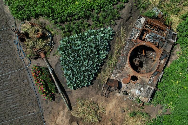 A destroyed Russian tank is seen in a backyard garden of a local resident Valerii in the village of Velyka Dymerka, Kyiv region, Ukraine, July 22.     REUTERS/Valentyn Ogirenko