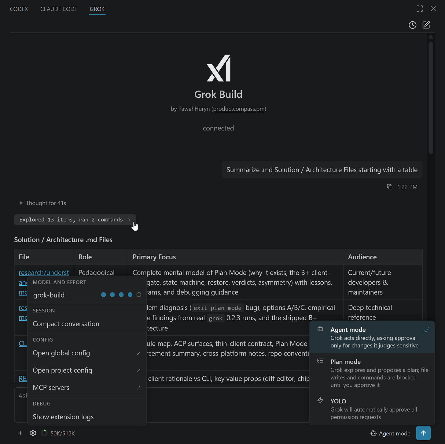 Grok Build: a simple UI/UX with agent mode, plan mode, effort control. VS Code extension.