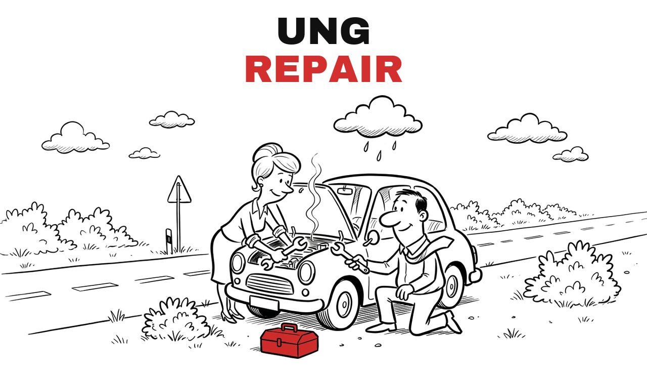 Trade Repair UNG, Repair. Hand-drawn cartoon: the two of them repair a small car at the roadside under a rain cloud, a toolbox beside it. Trade Repair UNG, Repair. Hand-drawn cartoon: the two of them repair a small car at the roadside under a rain cloud, a toolbox beside it.