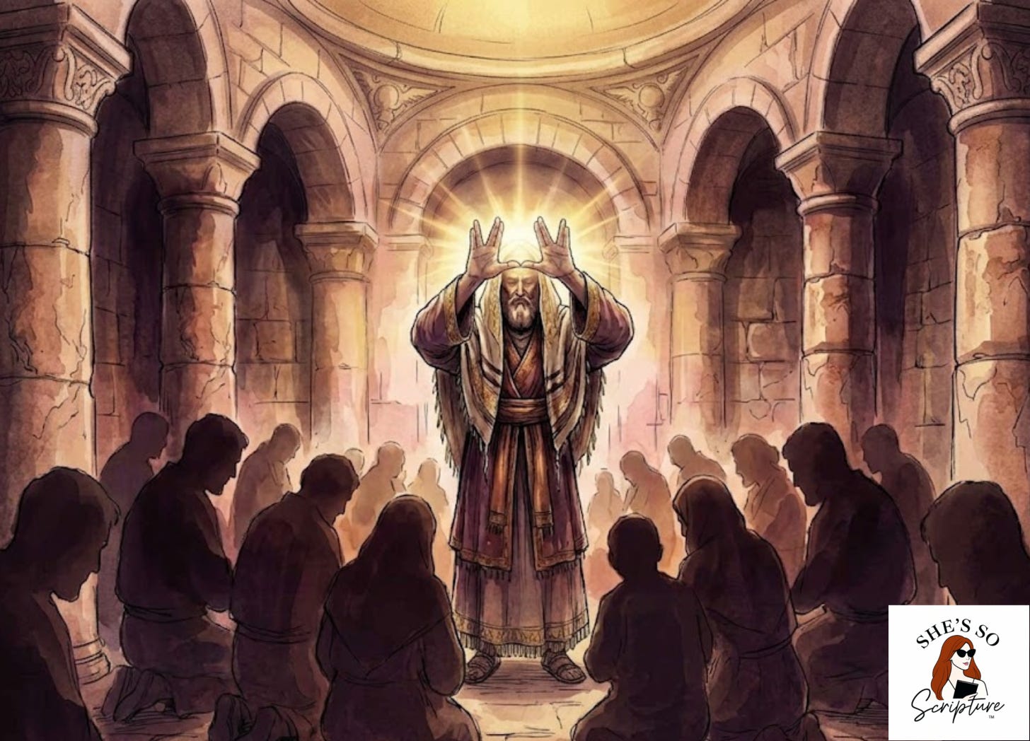A priestly figure with hands raised in the traditional Aaronic blessing pose, bathed in golden light against ancient stone textures in deep plum and gold tones. A priestly figure with hands raised in the traditional Aaronic blessing pose, bathed in golden light against ancient stone textures in deep plum and gold tones.
