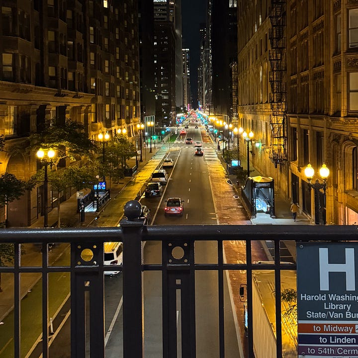Photos of a harbor in Cleveland, downtown Chicago, Mt. Rushmore and Omaha, NE