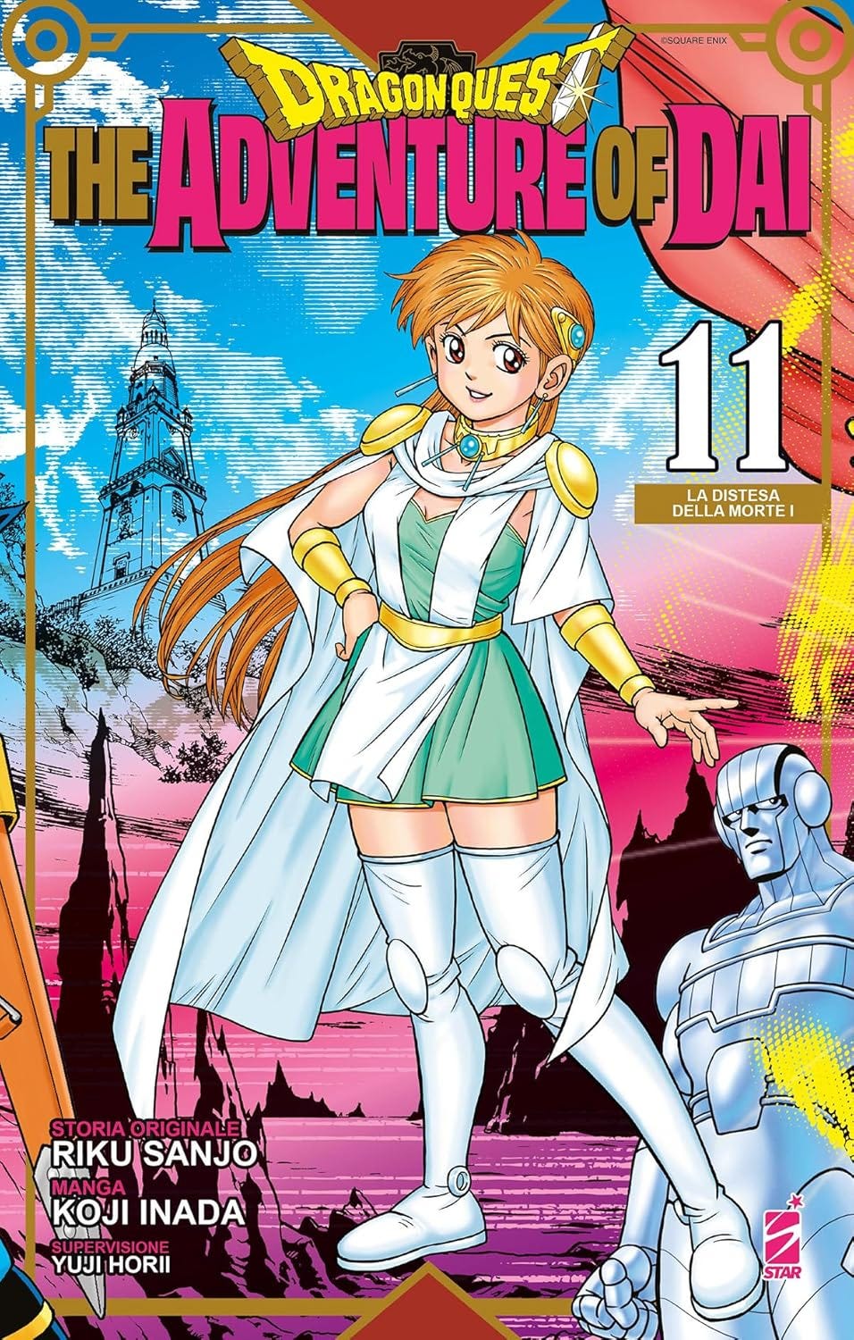 Italian cover of “Dragon Quest: The Adventure of Dai” Volume 11, showcasing the same armored girl and robot knight as the French edition. The title is in English, with “La Distesa Della Morte I” beneath the volume number. The fantasy tower and vivid landscape are the same as the French version.