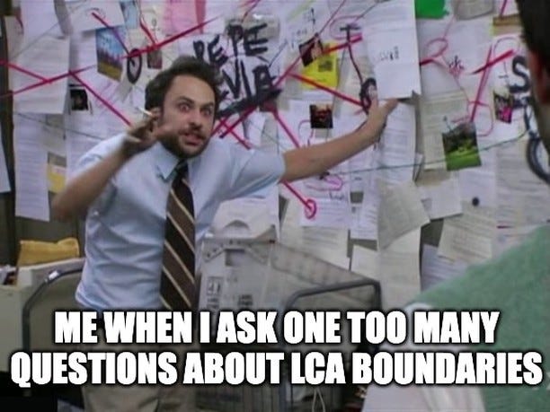 Charlie from It's Always Sunny in Philadelphia in front of a wall of papers and red string, captioned "Me when I ask one too many questions about LCA boundaries".