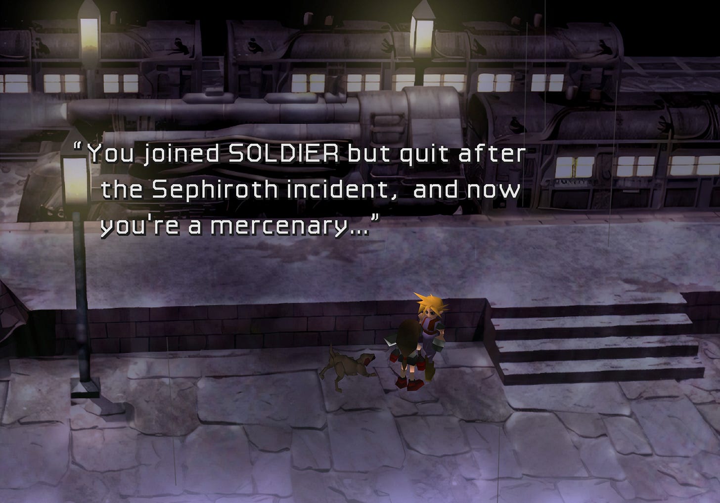 Tifa: "You joined SOLDIER but quit after the Sephiroth incident, and now you're a mercenary..."