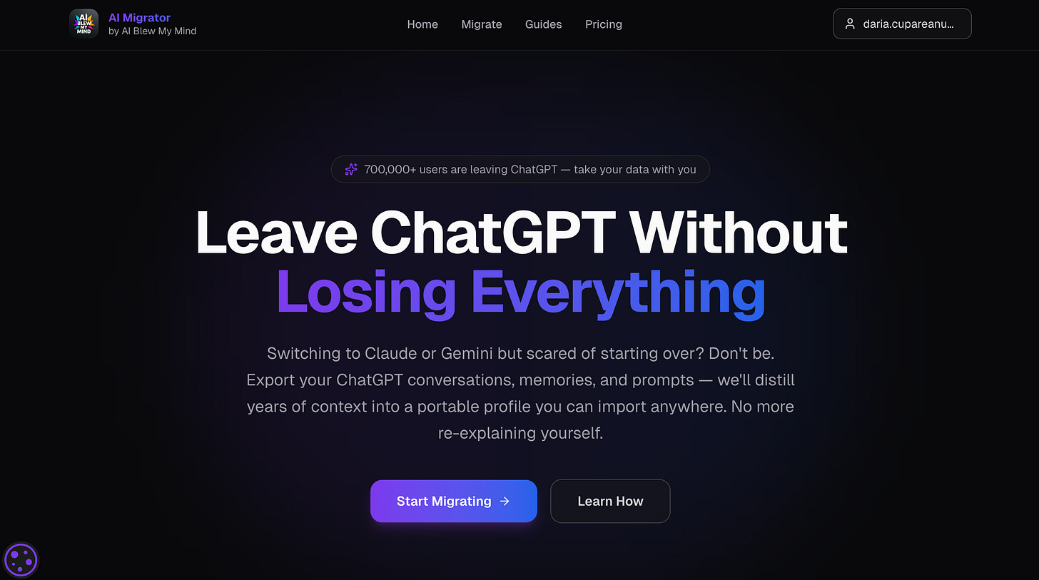 AI Migrator by AI Blew My Mind landing page showing the headline Leave ChatGPT Without Losing Everything with Start Migrating and Learn How buttons, and a banner noting 700,000+ users are leaving ChatGPT AI Migrator by AI Blew My Mind landing page showing the headline Leave ChatGPT Without Losing Everything with Start Migrating and Learn How buttons, and a banner noting 700,000+ users are leaving ChatGPT