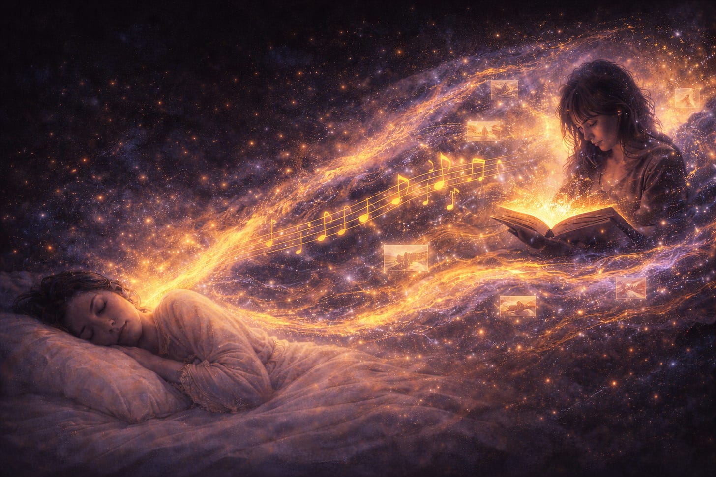 A cinematic, ethereal digital painting of a woman sleeping peacefully while a flowing river of golden stardust, glowing musical notes, and flickering dream-images rises from her mind and flows into an open, glowing book held by her waking self in the stars. A cinematic, ethereal digital painting of a woman sleeping peacefully while a flowing river of golden stardust, glowing musical notes, and flickering dream-images rises from her mind and flows into an open, glowing book held by her waking self in the stars.