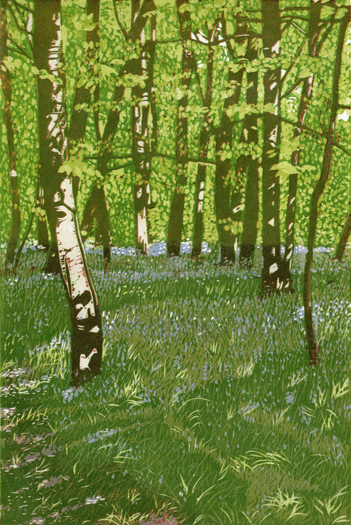 'Bluebell Woods' - reduction linoprint by Jane Duke depicting woodland with bluebells