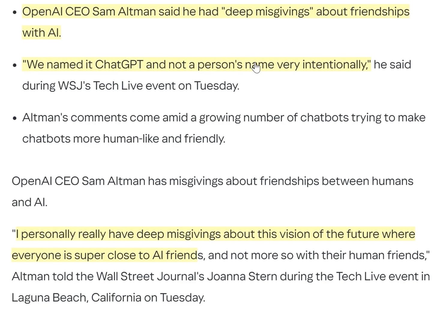 Sam Altman quote slide: “I have deep misgivings about friendships with AI.”