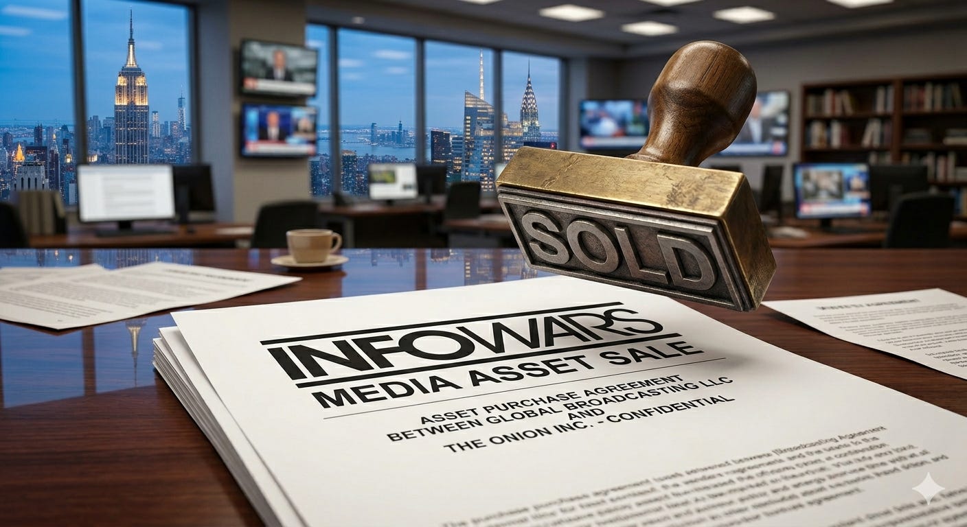 Infowars media asset sale purchase agreement document stamped sold representing The Onion acquisition of Alex Jones Infowars intellectual property and domain