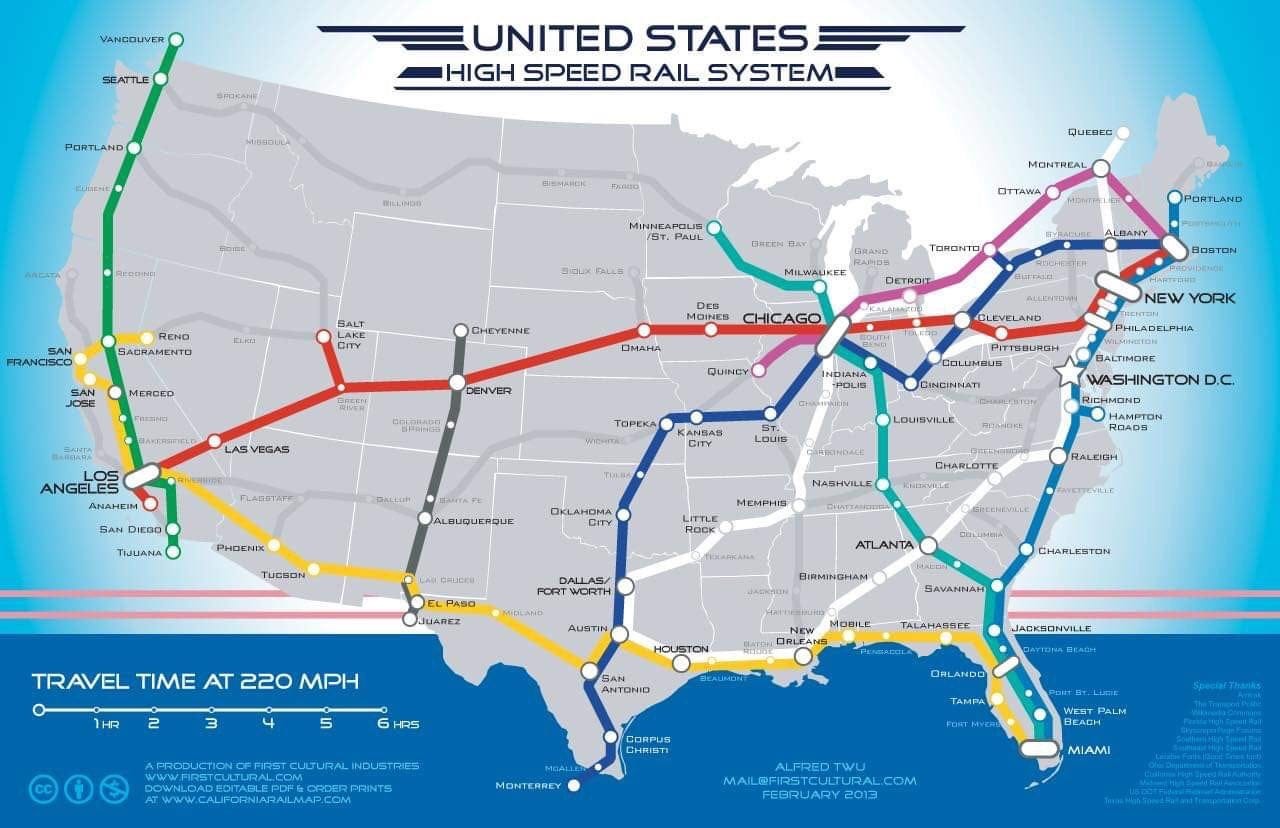 Map for the route of a potential high speed rail system in North America : r/MapPorn