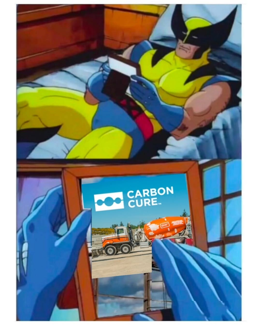 Two cartoon panels of Wolverine lying in bed holding a framed picture, which turns out to be a CarbonCure photo of a concrete truck.