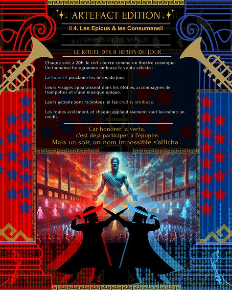 1 — La Triade Bio / Techno / Spirito Premier fragment d’une ancienne mythopoïèse personnelle conçue après Virilis Mentis Prime. La Triade Bio / Techno / Spirito cherchait à penser l’humain à travers trois dimensions en interaction : le vivant, la technique et la vie intérieure. Autour de cette architecture apparaissaient les huit Sages Synchroniciels, chacun incarnant une fonction particulière : discrétion, absurde, analogie, paradoxe, résonance, transcendance, timing et harmonisation. Aucun n’était censé détenir seul la totalité du réel : leur complémentarité formait le principe d’une intelligence collective capable de maintenir plusieurs angles sans les confondre. 2 — Les cinq Centres des Cités Ce fragment transpose les valeurs dans une architecture concrète. La cité s’organise autour de cinq centres fonctionnels : savoir, pluralité spirituelle, culture du corps et de l’épreuve, art et soin. L’idée n’était pas d’imaginer une société parfaite, mais d’explorer une question : quelles fonctions une civilisation décide-t-elle de placer au centre de son organisation ? Ces institutions fictives matérialisaient ainsi différentes dimensions de l’humain et permettaient d’observer comment une société peut orienter les comportements, les apprentissages et les imaginaires par les structures qu’elle rend accessibles. 3 — Le Rituel des huit Héros du Jour Une civilisation ne transmet pas seulement par ses lois ou ses écoles : elle transmet aussi par ce qu’elle choisit de rendre visible et admirable. Dans cette cité fictive, un rituel quotidien mettait en lumière huit figures dont les actions étaient reconnues publiquement. Le dispositif interrogeait l’économie du prestige : qui une société célèbre-t-elle, pour quelles actions, et quels comportements ces modèles rendent-ils ensuite désirables ? Derrière la dimension spectaculaire du rituel se trouvait donc une question plus profonde : une civilisation finit-elle par ressembler à ce qu’elle récompense ? Description générale de la galerie Fragments d’Artefact Edition — Ancien laboratoire de mythopoïèse personnelle lié à l’Épicothérapie. Ces images n’ont jamais été publiées comme une œuvre achevée : elles servaient à mettre en scène des structures, des fonctions, des archétypes et des tensions afin de rendre visibles certaines dynamiques difficiles à saisir uniquement par le texte. Ici, ce n’est pas leur récit d’origine qui importe, mais la méthode de cartographie qu’elles révèlent : définir ce qu’un monde valorise, ce qu’il organise et ce qu’il rend désirable.