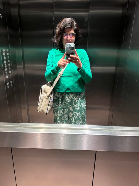 Left: Ines dressed in a green sweater and green dress. Center: Ines dressed in a bomber jacket, pink t-shirt and black faux leather pants. Right: Ines dressed in a bright blue cardi, a yellow t-shirt and black plants.