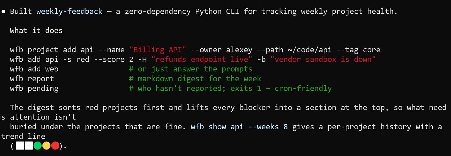 The one-shot weekly-feedback CLI