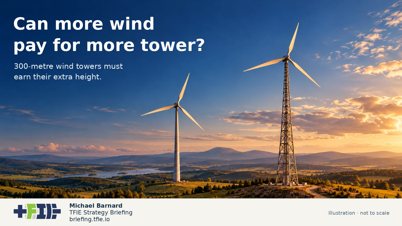 Illustrative landscape at sunset with a conventional tubular wind turbine beside a much taller lattice-supported turbine. The headline asks, “Can more wind pay for more tower?” TFIE branding and Michael Barnard’s attribution appear along the bottom.