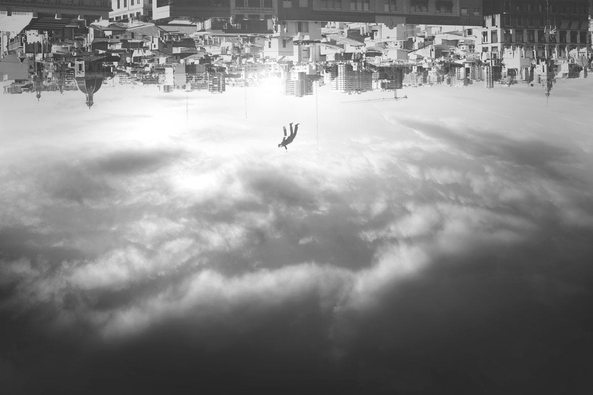 Letter to the New York State Department of Health; Surreal Urban Cityscape with Upside-Down Man