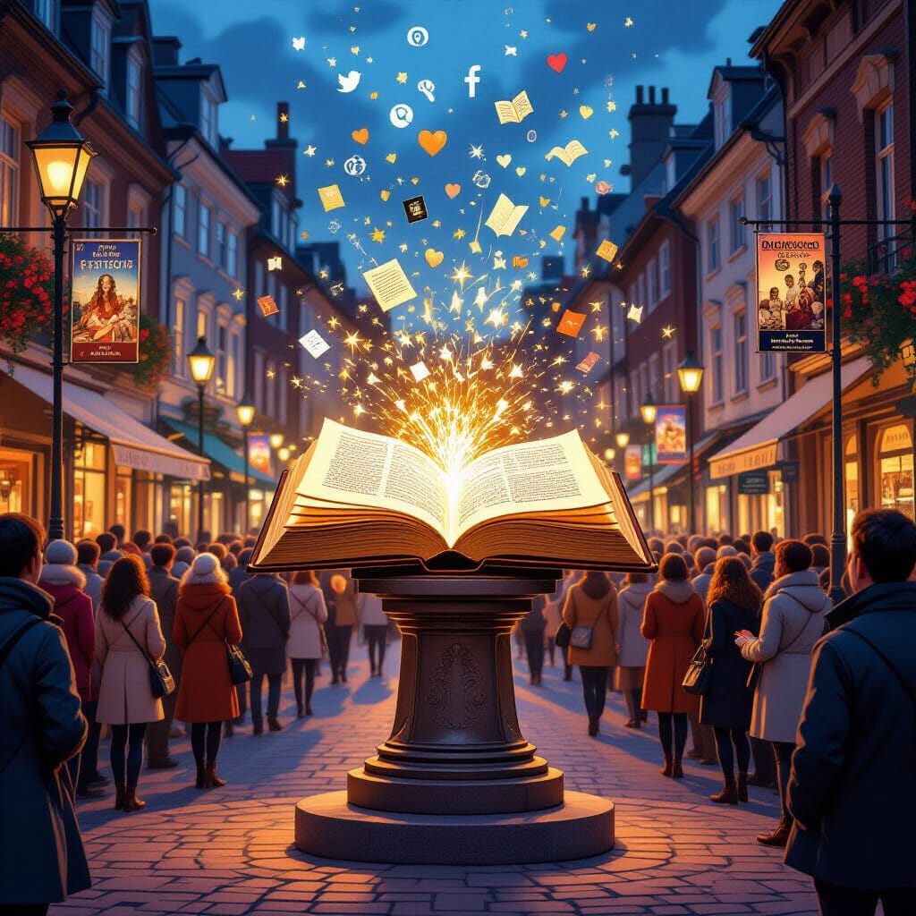 A large open book sits on a pedestal in the middle of a lively town square at dusk, glowing with golden sparks that rise into the air. Symbols of social media, hearts, books, and icons float upward from the pages, representing promotion and sharing. Crowds of people in coats gather around, watching with interest, while lampposts and banners line the street, creating a festive and magical atmosphere.