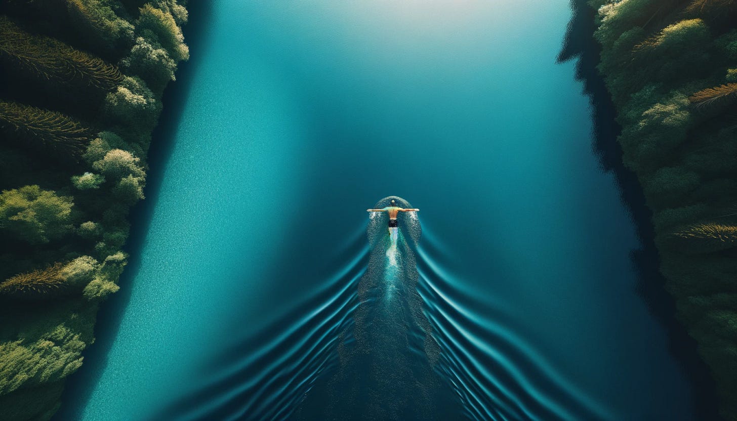 Photo depicting a bird's eye view of a man swimming across a clear blue lake with a wide aspect ratio. The lake is surrounded by lush greenery, and the man's swimming path creates gentle ripples on the water surface.