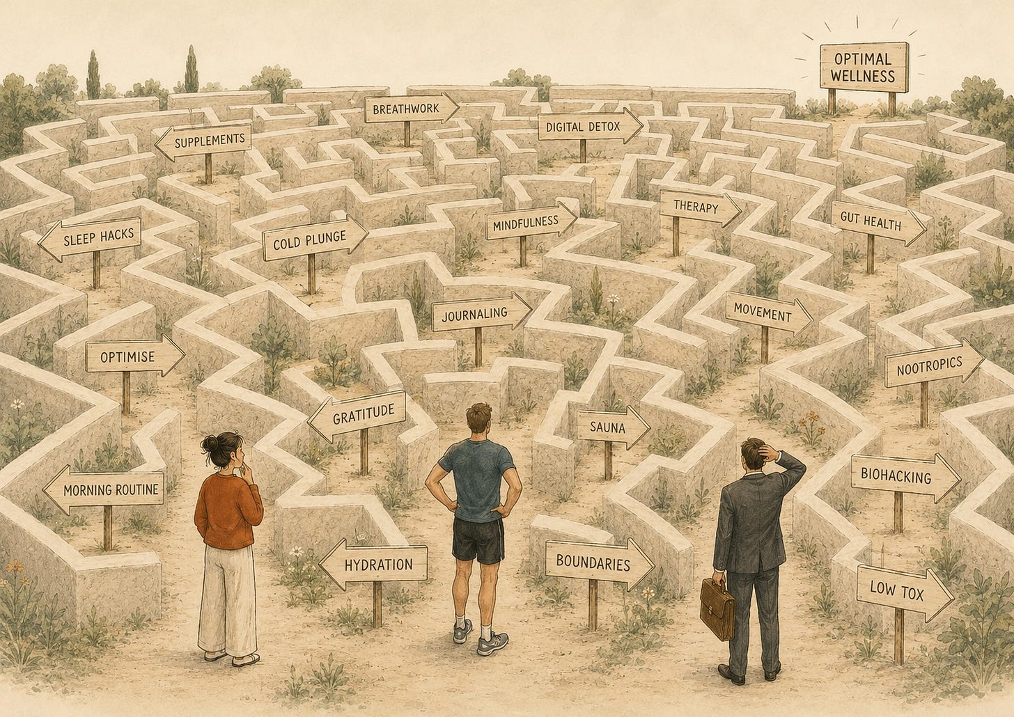 Illustration of three people standing in a large maze filled with signposts such as breathwork, therapy, cold plunge, journaling and biohacking, with a sign in the distance reading optimal wellness.