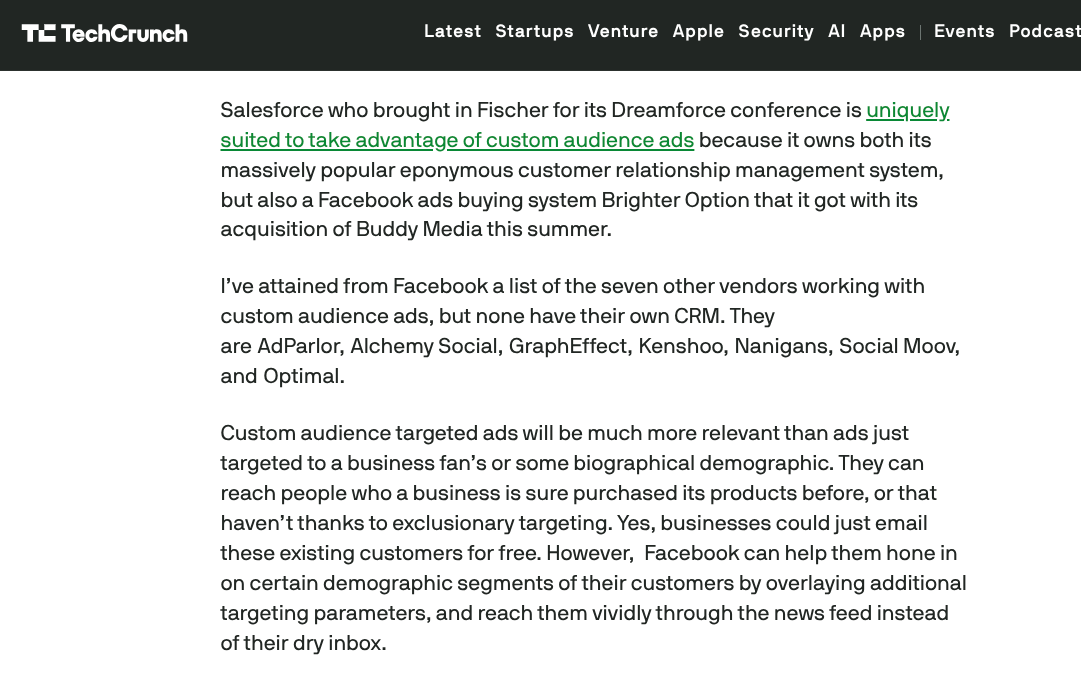 Clip of a Techcrunch article about the Custom Audiences Launch Clip of a Techcrunch article about the Custom Audiences Launch