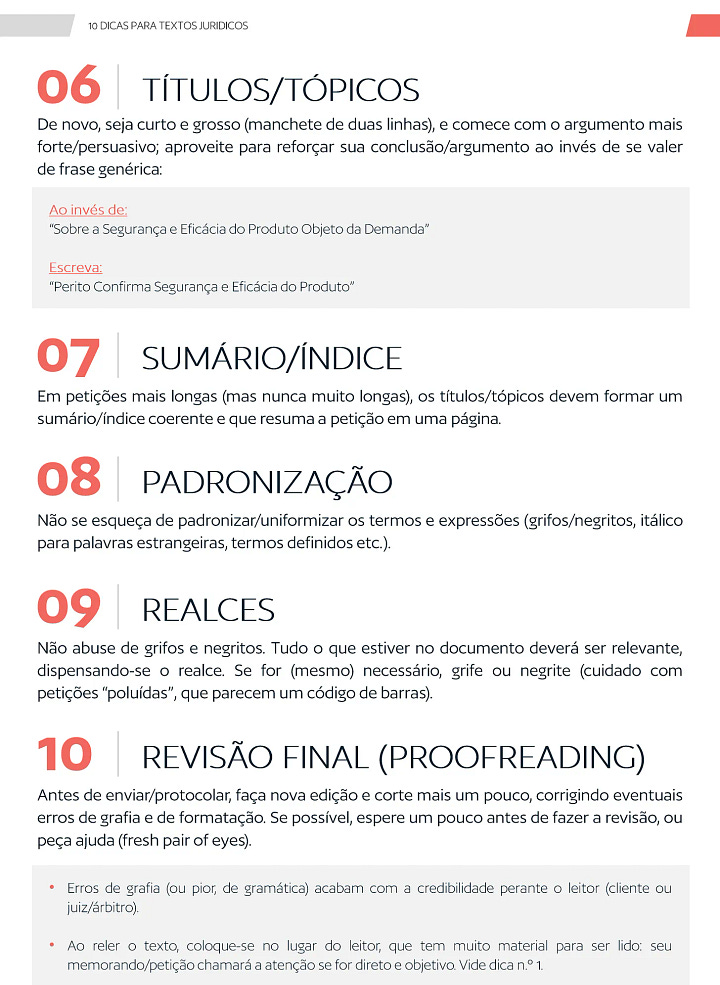 Conjunto de quatro imagens com orientações práticas de redação jurídica, apresentando 10 dicas ilustradas sobre como escrever textos jurídicos mais claros, concisos e eficazes. As imagens abordam tópicos como estrutura, voz ativa, linguagem simples e organização de ideias — voltadas a petições, pareceres, memorandos e e-mails profissionais.