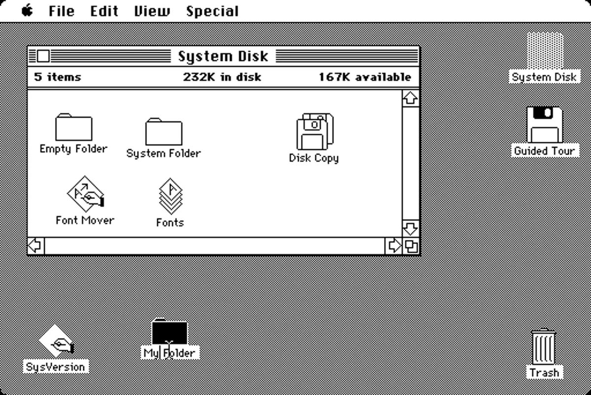The original Macintosh System 1 desktop showing folders, windows and a trash can — analgies for real world office spaces The original Macintosh System 1 desktop showing folders, windows and a trash can — analgies for real world office spaces