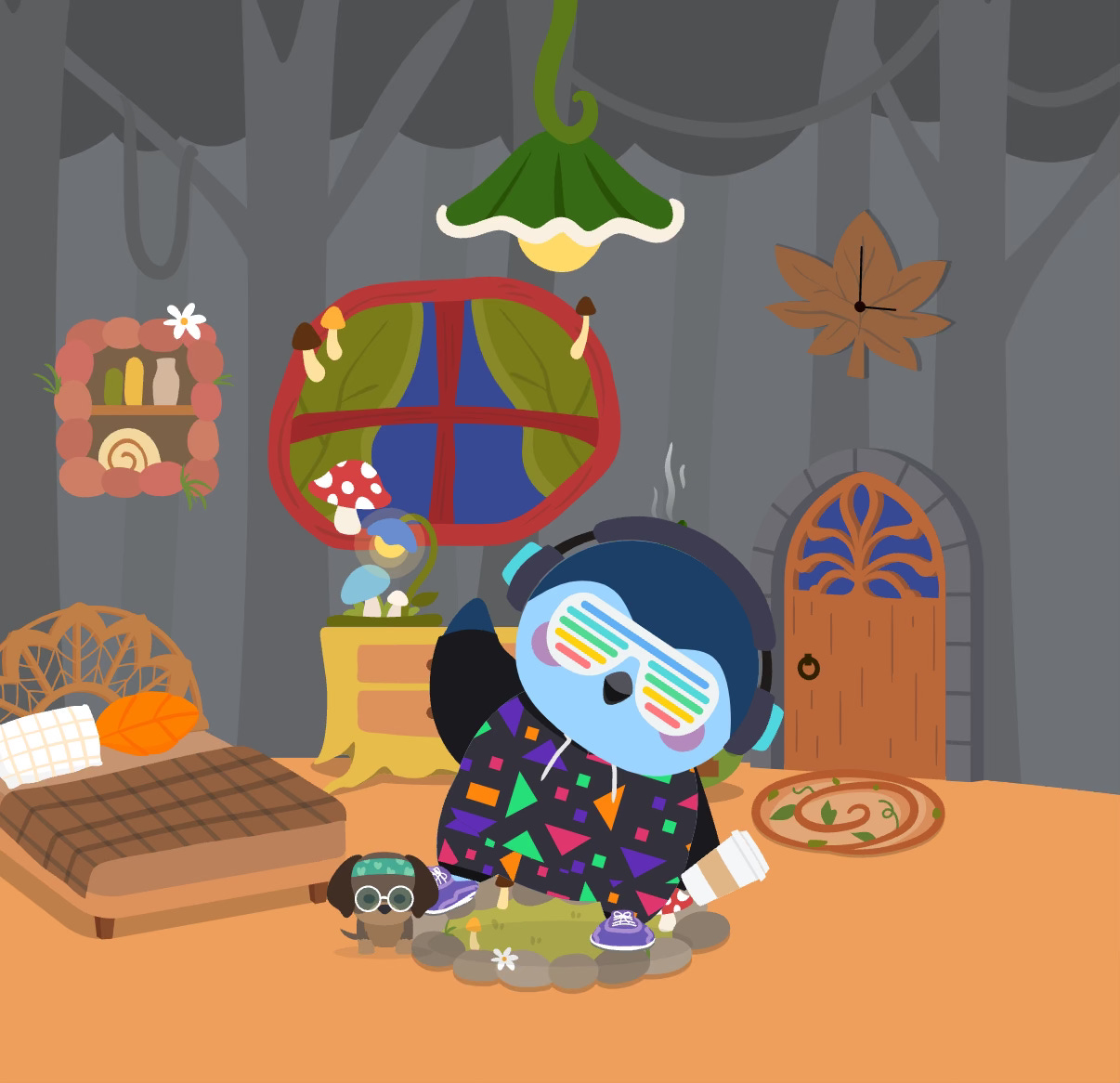a screenshot of a small blue bird wearing 80s clothes with a dachshund at her side.