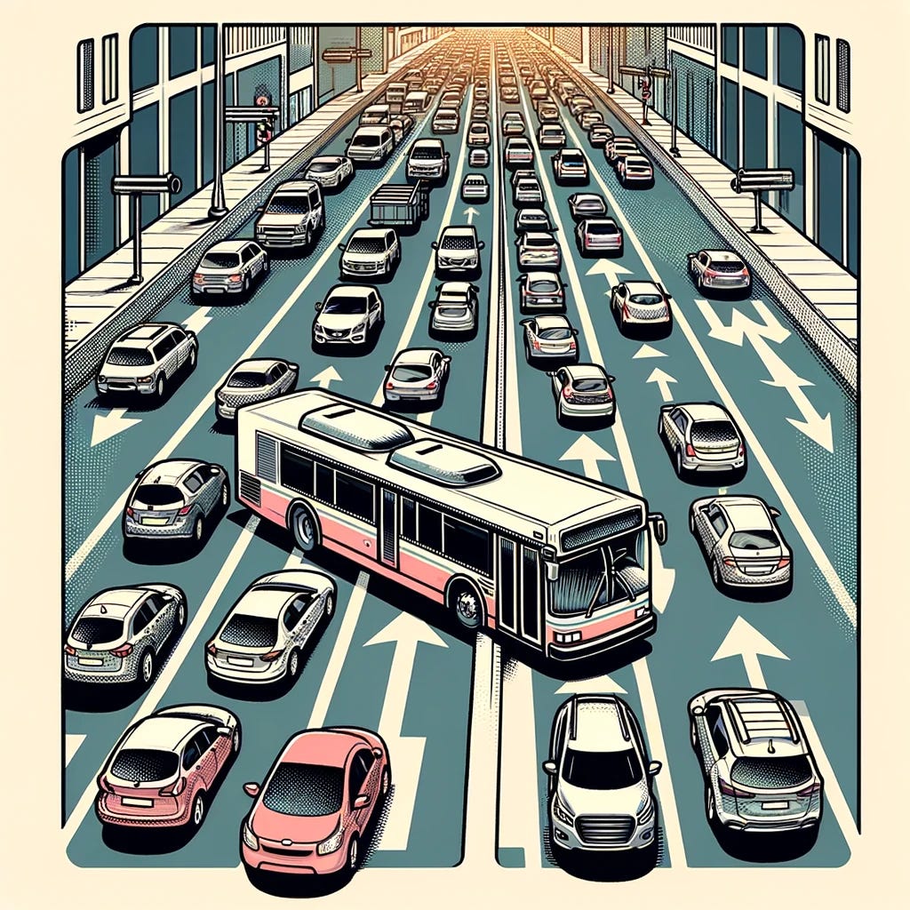 A clipart-style drawing inspired by the composition of a traffic scene with a bus in a bus lane and numerous cars in a car lane. The drawing should be in the style of a vintage comic with line work in a bold color. The cars should be shown in a congested lane, akin to a traffic jam, while the bus is in a clear bus lane, akin to a carpool lane efficiency. The background should be stylized with elements indicating a city environment. This image should have a contrast between the busy car lane and the efficient bus lane, reflecting the message about public transportation efficiency.