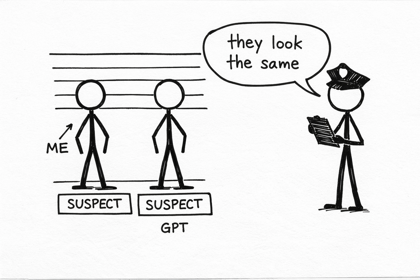 Hand-drawn Sharpie doodle of a police lineup where a human writer and GPT stand side by side as identical suspects while a detective says they look the same, illustrating why clean human writing gets flagged as AI-generated content. Hand-drawn Sharpie doodle of a police lineup where a human writer and GPT stand side by side as identical suspects while a detective says they look the same, illustrating why clean human writing gets flagged as AI-generated content.