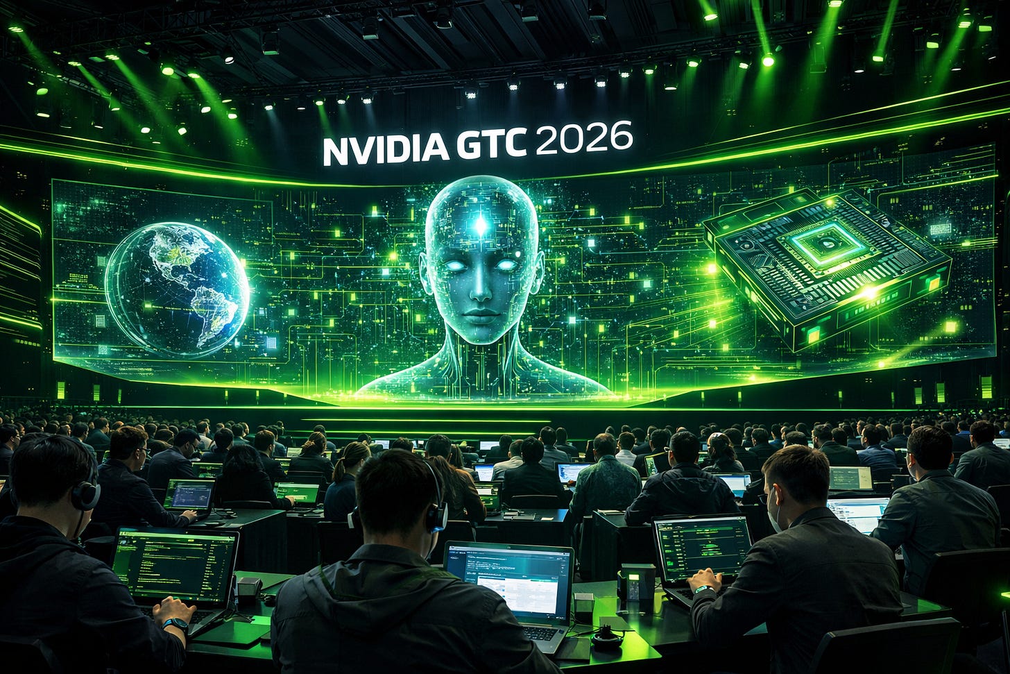 NVIDIA GTC 2026 AI conference showing futuristic GPU technology, artificial intelligence visuals, and a modern tech event environment