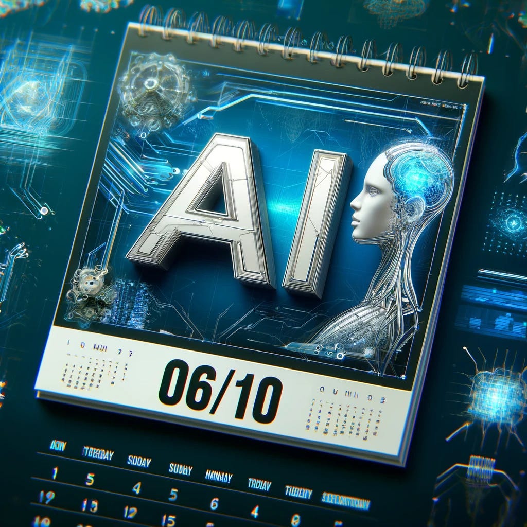 A modern, futuristic calendar page with the date 06/10 prominently displayed. The background features AI-themed elements such as neural networks, digital circuits, and abstract technology designs. The text 'AI' is clearly visible, integrated into the design in a sleek, tech-savvy font. The overall color scheme is bright and vibrant, avoiding dark backgrounds, with a focus on blues, greens, and metallic hues.
