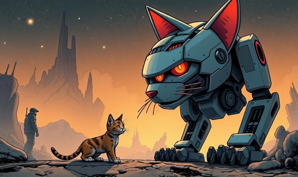Image of tiny cat next to huge robot cat.