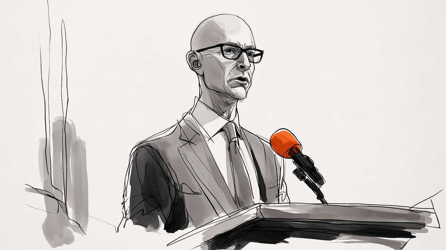Editorial sketch of bald NBA commissioner Adam Silver in glasses at a podium, grayscale with orange accent