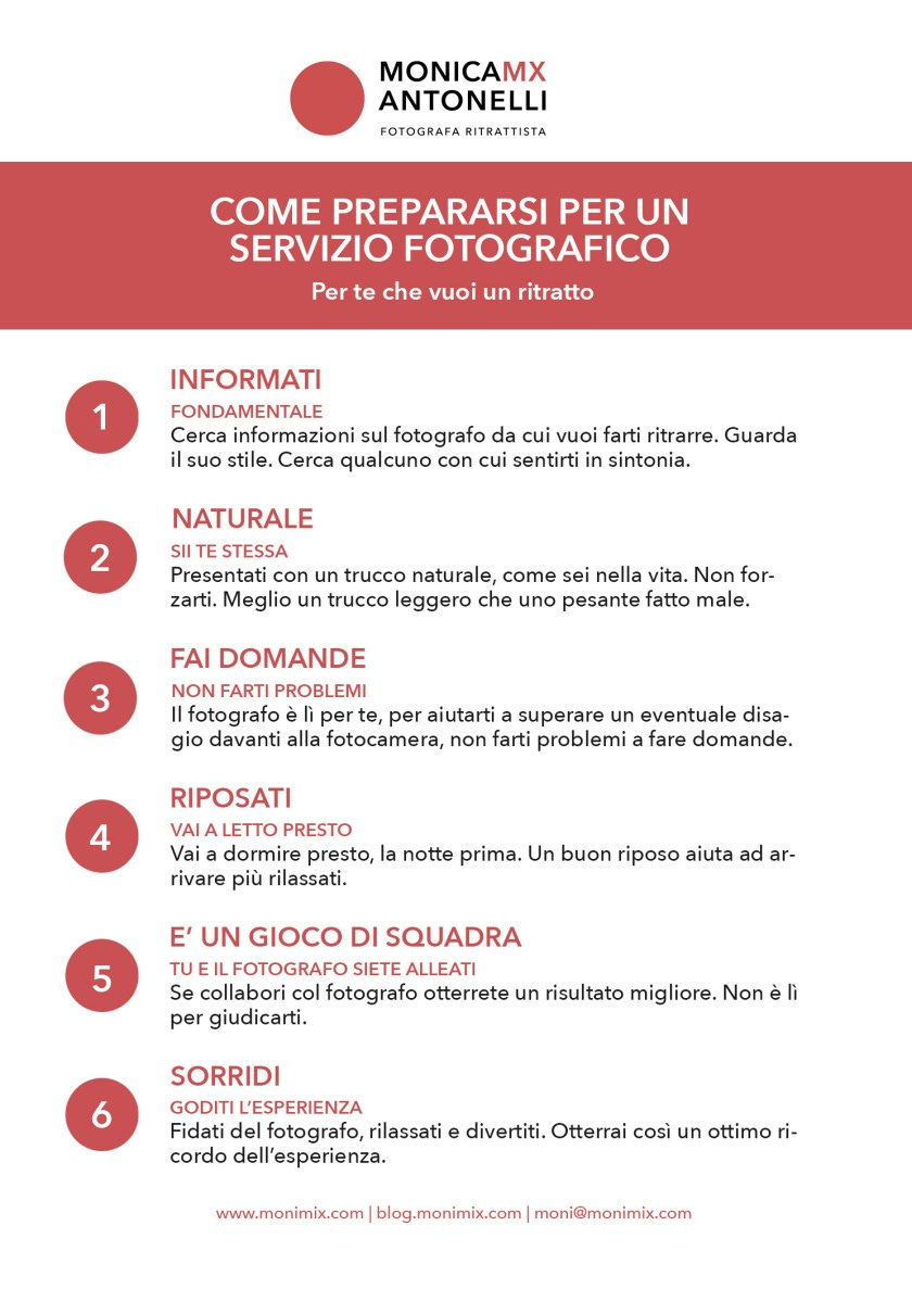 Infografica "Come prepararsi per un servizio fotografico", per la persona che vuol farsi ritrarre