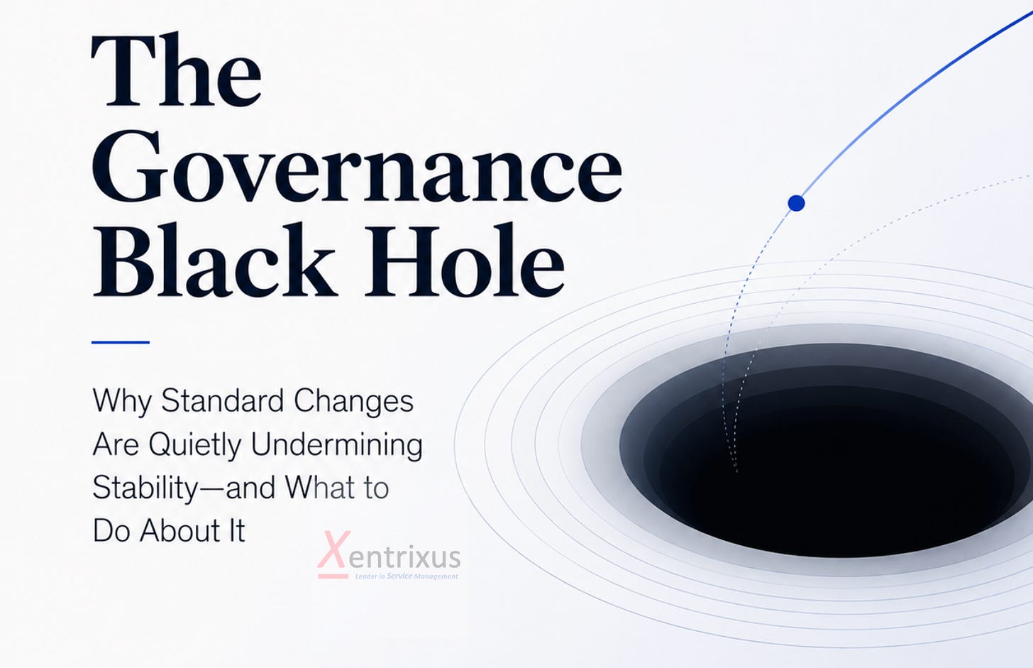 Minimalist white background with a large headline reading “The Governance Black Hole.” Subheading explains that standard changes are quietly undermining stability. A subtle black hole graphic on the right represents hidden risk and loss of control in IT change governance. Clean, professional layout with navy and grey tones. Minimalist white background with a large headline reading “The Governance Black Hole.” Subheading explains that standard changes are quietly undermining stability. A subtle black hole graphic on the right represents hidden risk and loss of control in IT change governance. Clean, professional layout with navy and grey tones.