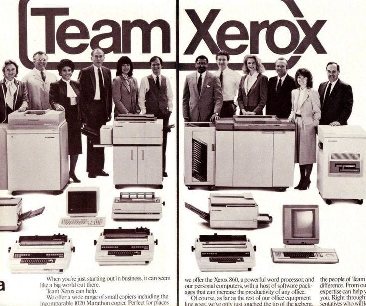 This may contain: an advertisement for the ibm team xerox computer