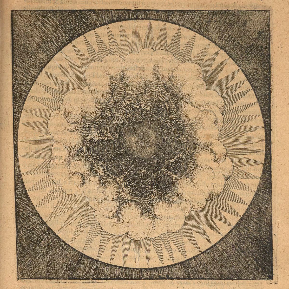 A black cloud surrounded by a white cloud, surrounded by a circle and bordered by a black square. An image of primordial chaos.