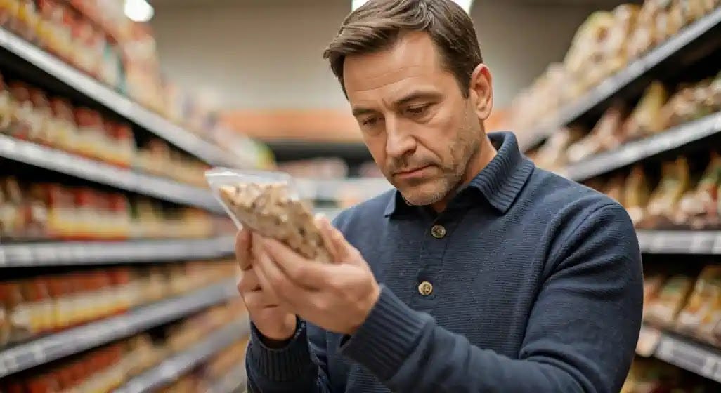Reading Food Labels in a Supermarket Aisle In a supermarket, an individual meticulously examines the ingredient list displayed on a food package, ensuring to scrutinize each component for quality and dietary considerations.