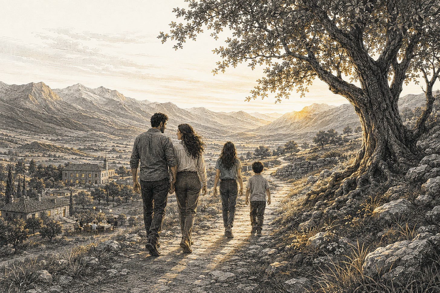 Engraved editorial illustration of parents and two children walking a mountain path towards a gold-lit horizon. Their home, work and community remain visible in the valley behind.