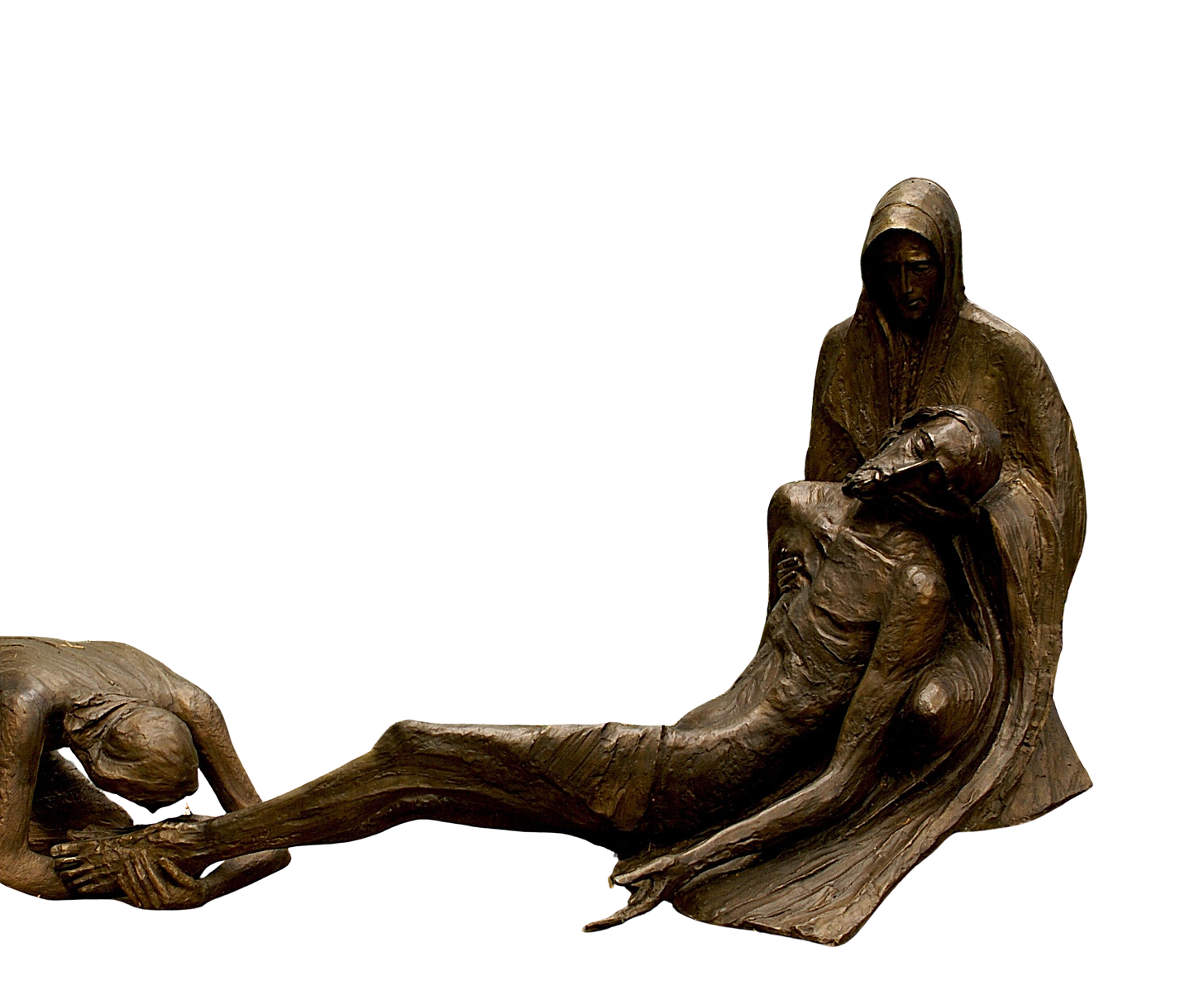 Bronze sculpture of a robed woman seated and holding the lifeless body of a man across her lap, with another figure collapsed face down nearby against a dark background.