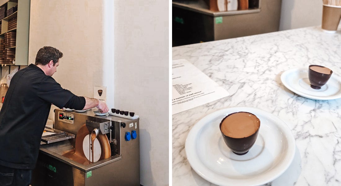 Two pictures - one of a man next to a temper chocolate machine, and one of two chocolate shot cups on white plates