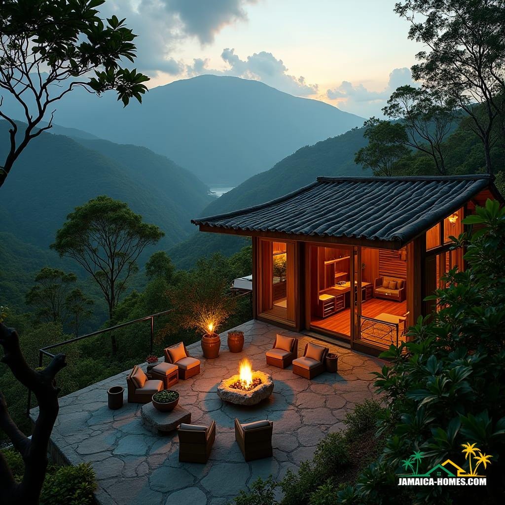A secluded, luxurious boutique eco-hotel in Jamaica's Blue Mountains, crafted from natural wood and stone, blending harmoniously into the lush surroundings. Expansive windows and outdoor terraces with fire pits offer breathtaking views of the mountains, while rooftop gardens and rainwater collection systems seamlessly integrate with the environment. Warm, intimate lighting, reminiscent of a crackling fire, casts a golden glow on the rustic-chic interior. 