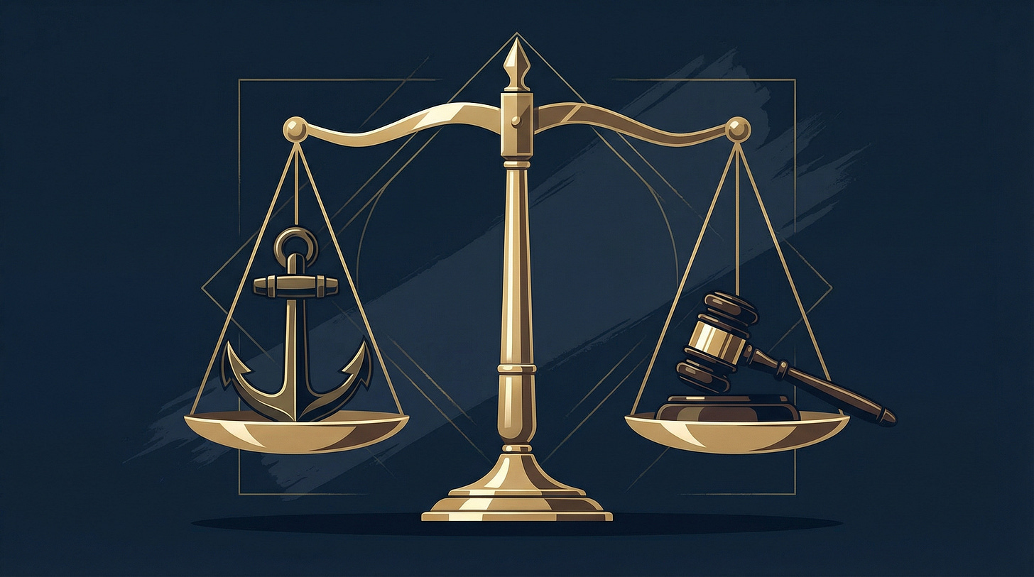 AI-generated illustration of a balanced scale of justice with a naval anchor on the left and slamming gavel on the right, symbolizing the legality of the boat strikes.